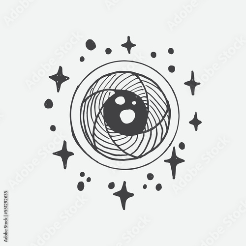 Hand drawn illustration of Camera lens with sparkles