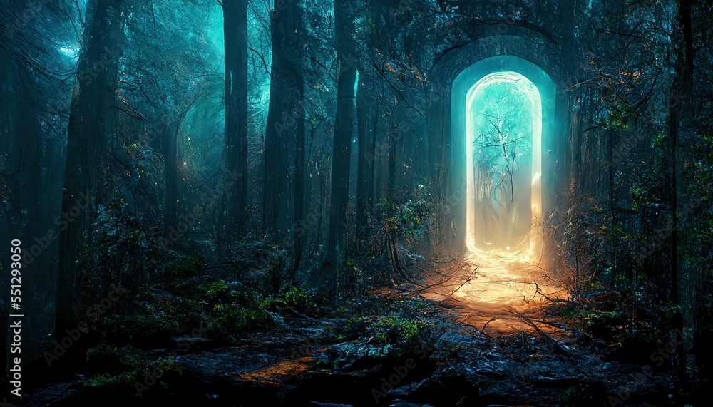Raster illustration of a portal in the clearing in the forest. mythological portal for teleportation. Magic realism, science fiction, another world, parallel worlds. AI
