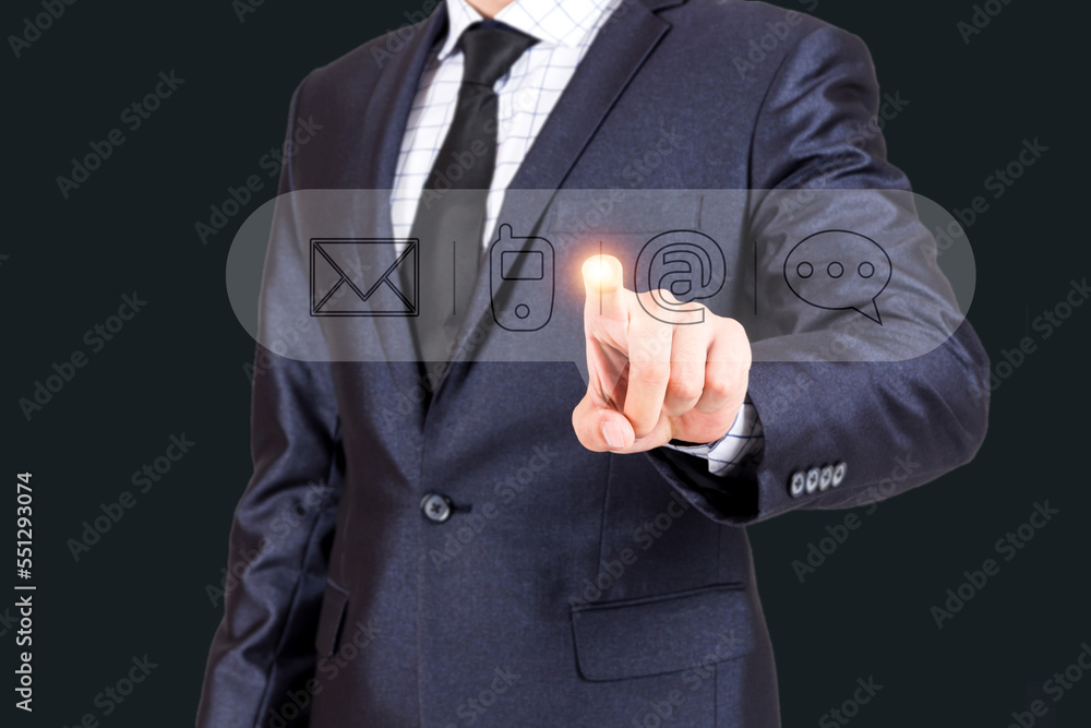 Call center customer support hotline services agen businessman touching on virtual screen contact icon on black background.contact us concept Call center customer support hotline services agen businessman touching on virtual screen contact icon on black background.contact us concept
