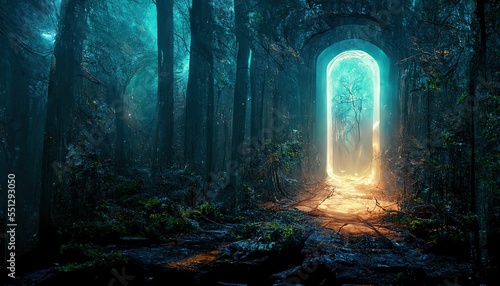 Raster illustration of a portal in the clearing in the forest. mythological portal for teleportation. Magic realism, science fiction, another world, parallel worlds. AI 