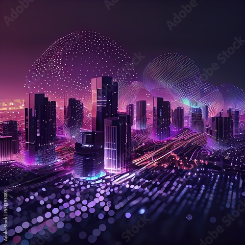 Raster illustration of the night modern city. Cyberpunk, buildings, skyscrapers, neon glow, science fiction, artificial intelligence. Technology concept. 3d raster illustration for business. AI photo