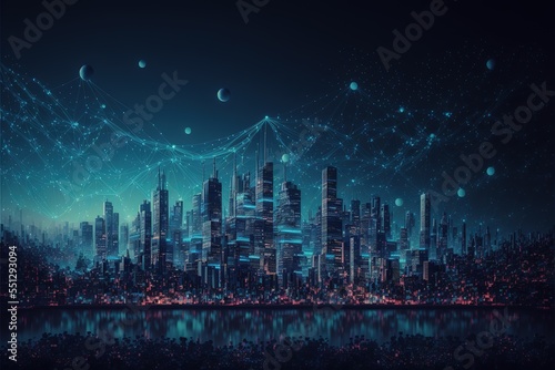 Raster illustration of the night modern city. Cyberpunk, buildings, skyscrapers, neon glow, science fiction, artificial intelligence. Technology concept. 3d raster illustration for business. AI