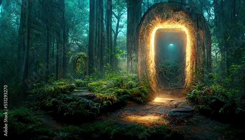 Raster illustration of a portal in the clearing in the forest. mythological portal for teleportation. Magic realism, science fiction, another world, parallel worlds. AI 