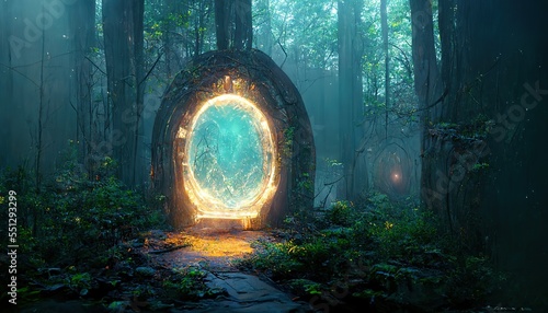 Raster illustration of a portal in the clearing in the forest. mythological portal for teleportation. Magic realism, science fiction, another world, parallel worlds. AI
