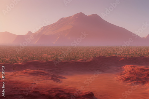 a desert with a mountain in the distance, a detailed matte painting
