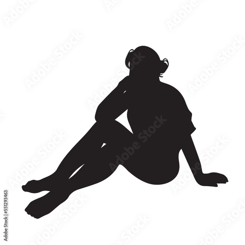 Young women sitting on ground with horizontal photo model pose. Vector human icon silhouette. Simple flat person drawing with black shape isolated on white background.