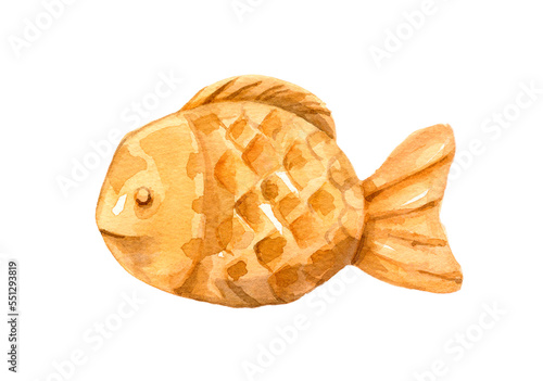 Watercolor taiyaki dessert. Hand-drawn illustration isolated on the white background