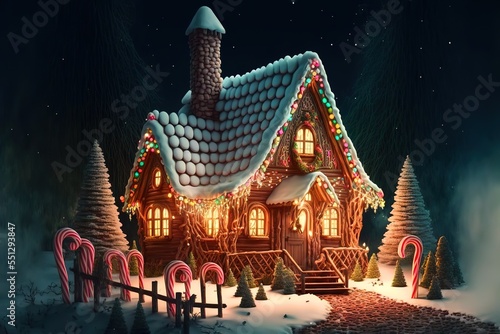 Amazing log house decorated of Christmas lights in magical forest with cartoon spruces and candy canes