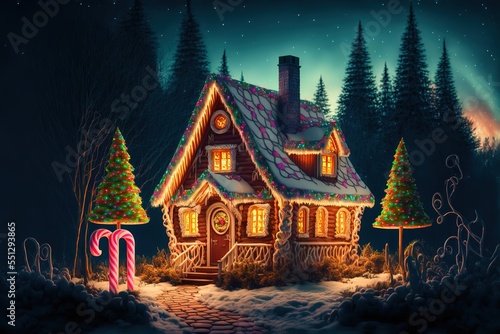 Amazing log house decorated of Christmas lights in magical forest with cartoon spruces and candy canes