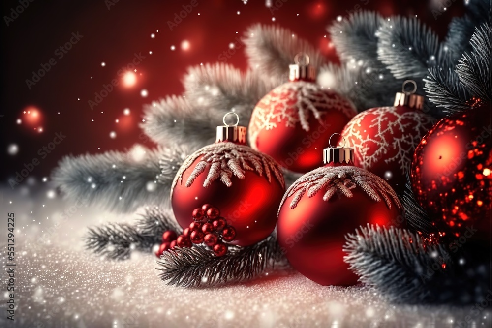 christmas and new year holidays concept. Red balls on fir branches, winter snowy backdrop. festive winter season background. template for design. banner, copy space christmas and new year holidays concept. Red balls on fir branches, winter snowy backdrop. festive winter season background. template for design. banner, copy space