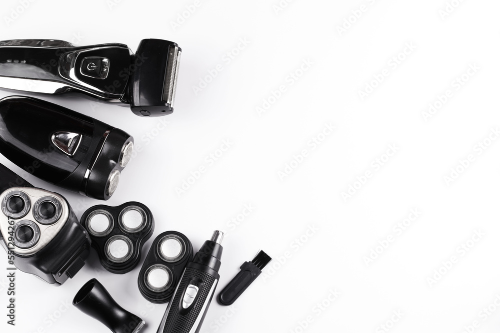 Different types of men's electric razor close-up isolated on white ...