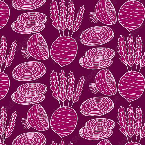 Seamless filled beetroot pattern. Sugar beet. Vegetable illustration. Vegetables and vegetarianism. Beetroot background.