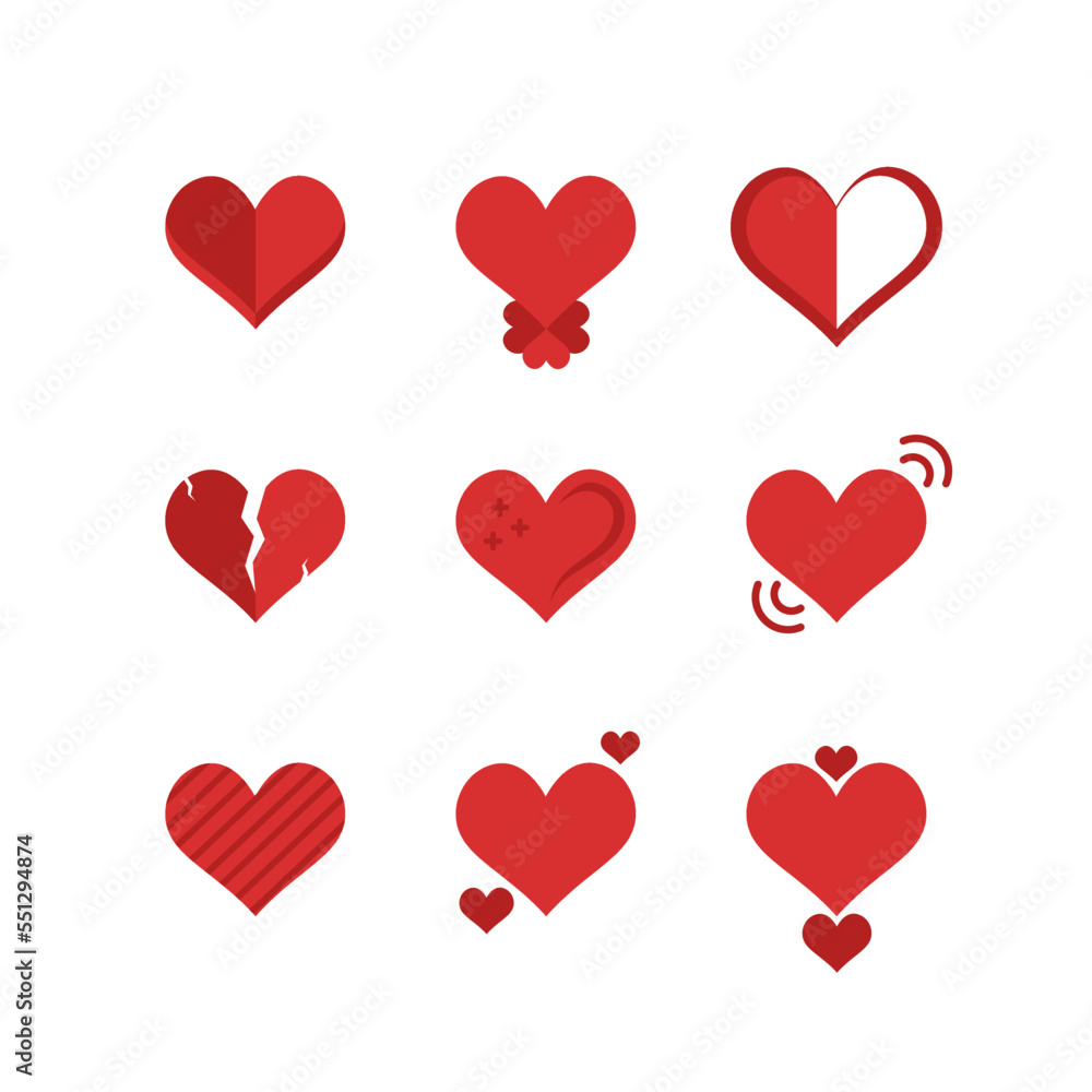 red hearts shape icon set  on white background for valentine's day