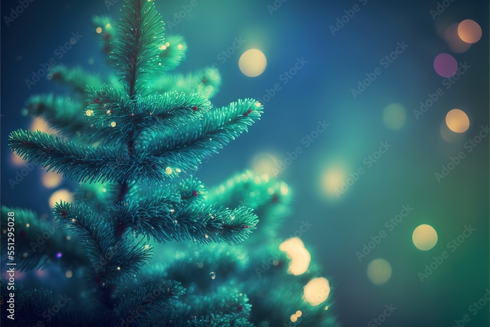 close shot of green xmas tree and sparkle bokeh lights on blue background. Merry christmas card. Winter holiday theme. Happy New Year. Space for text