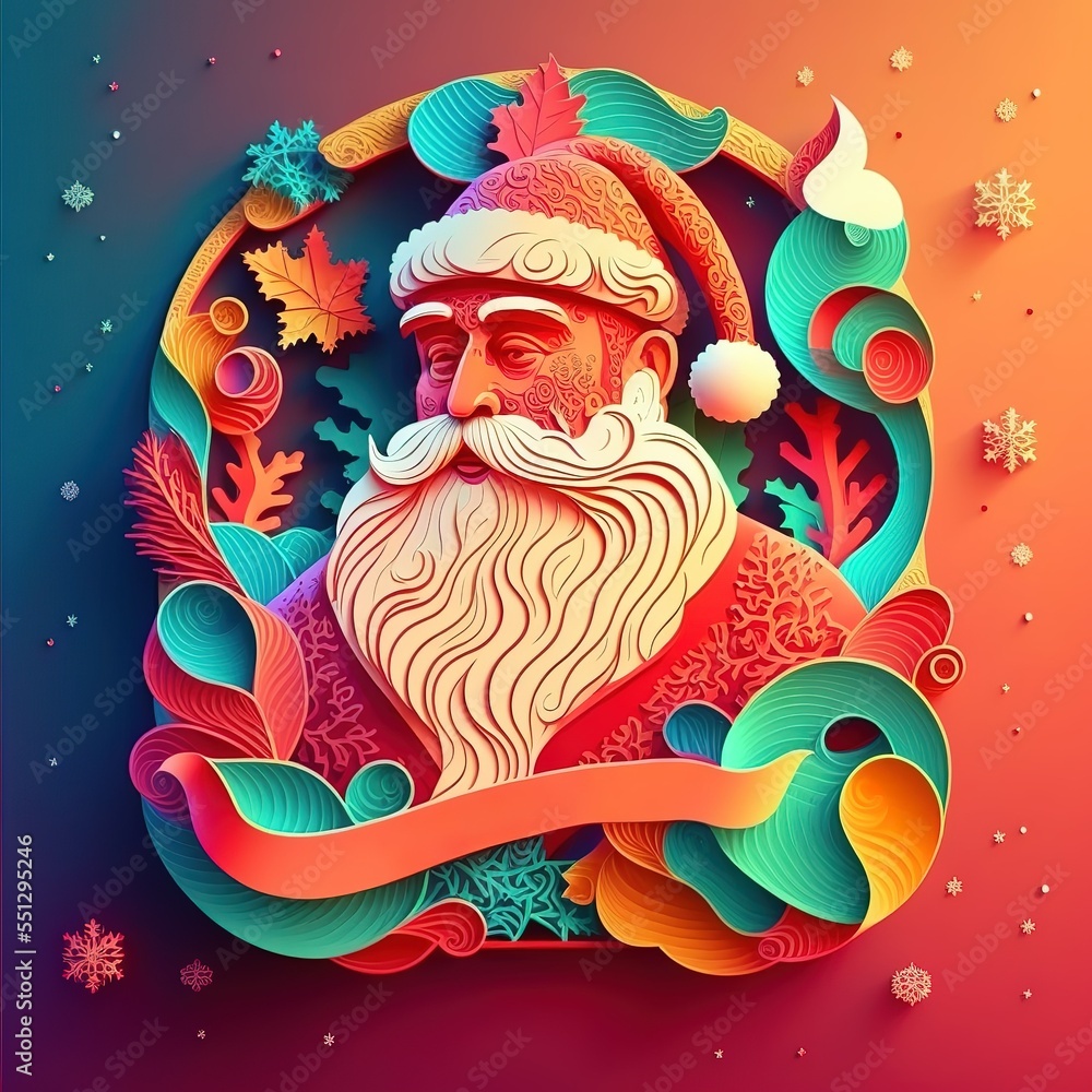 Colorful santa claus papercut, Christmas background with a ribbon