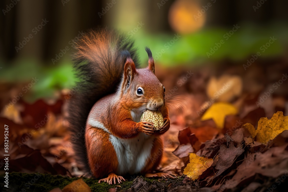 Cute hungry Red Squirrel eating a nut in an forest covered with autumn leaves. Autumn day in a deep forest in the Netherlands. Cute hungry Red Squirrel eating a nut in an forest covered with autumn leaves. Autumn day in a deep forest in the Netherlands.