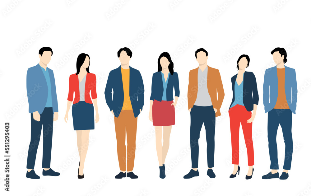 Obraz premium Set of young men and women, different colors, cartoon character, group of silhouettes of standing business people, students, the design concept of flat icon, isolated on white background
