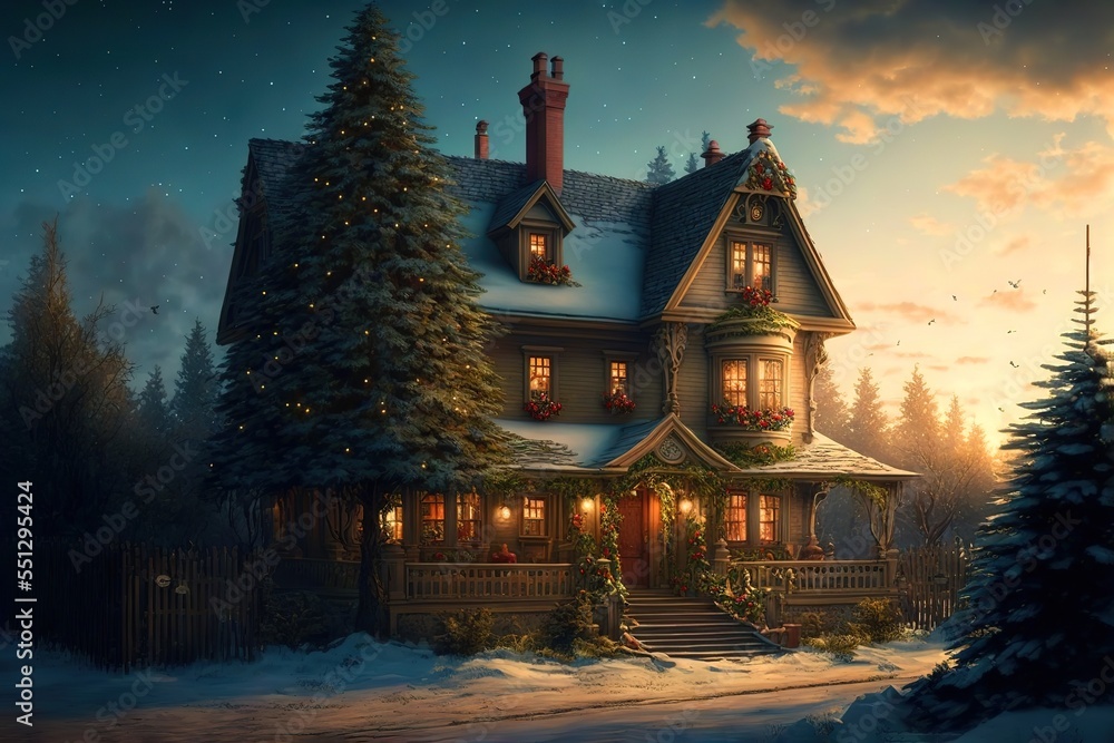 Feast of Christmas. realistic Beautifully decorated house with a Christmas tree