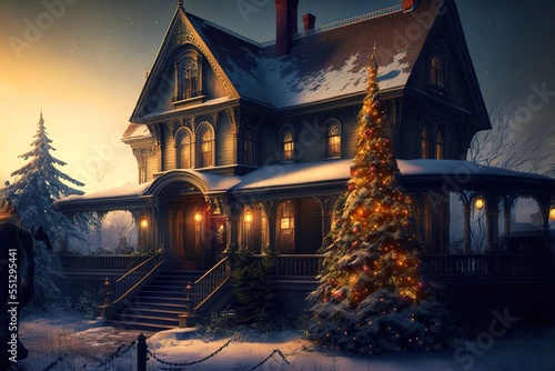 Feast of Christmas. realistic Beautifully decorated house with a Christmas tree