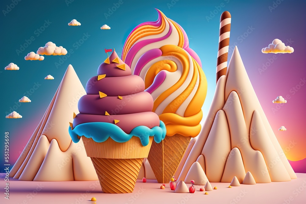 ice cream land landscape. Cartoon game background. 3d vector
