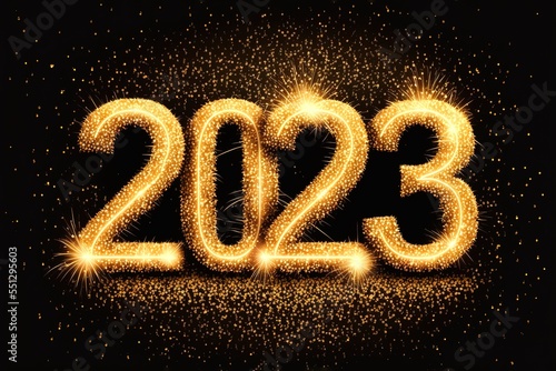 Happy new year 2023, glitter gold numbers on fireworks background