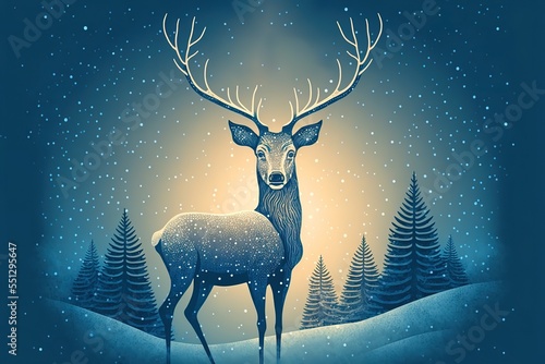 Holiday deer, Merry Christmas and New Year typographical on background with winter landscape with snowflakes, light, stars. Xmas card. Vector Illustration