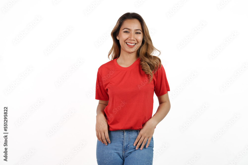 Studio shot of pretty Asian woman with red t-shirt isolated on white background. Looking camera Studio shot of pretty Asian woman with red t-shirt isolated on white background. Looking camera