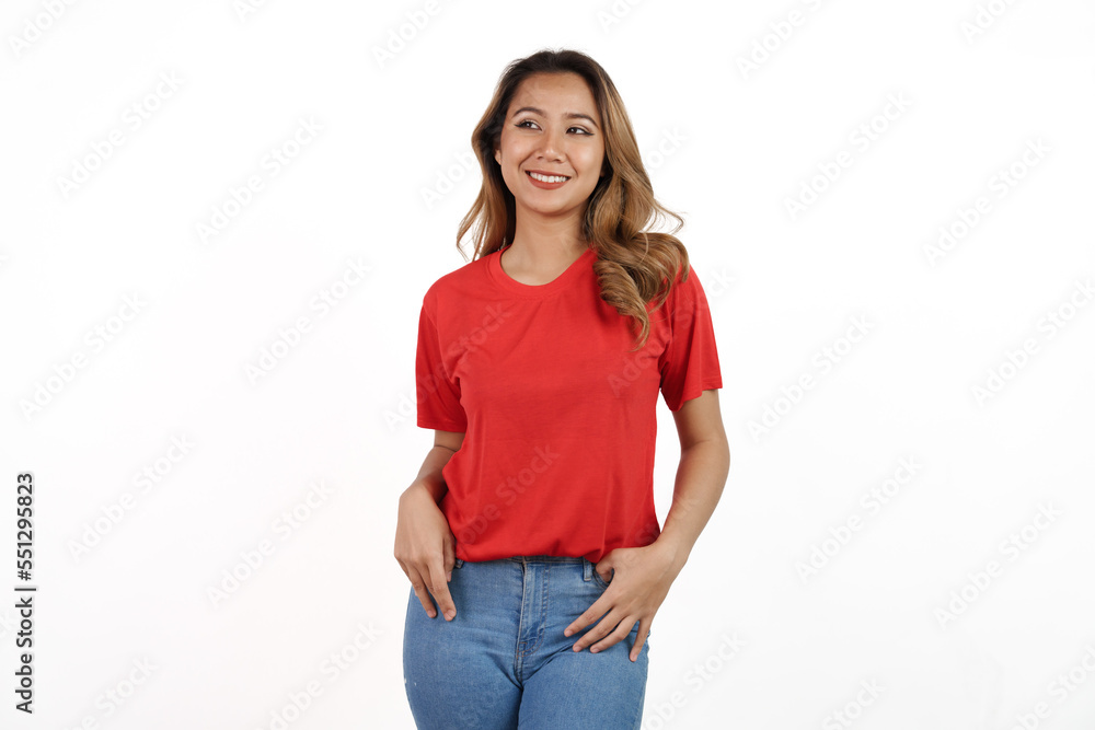 Studio shot of pretty Asian woman with red t-shirt isolated on white background. Looking blank area Studio shot of pretty Asian woman with red t-shirt isolated on white background. Looking blank area
