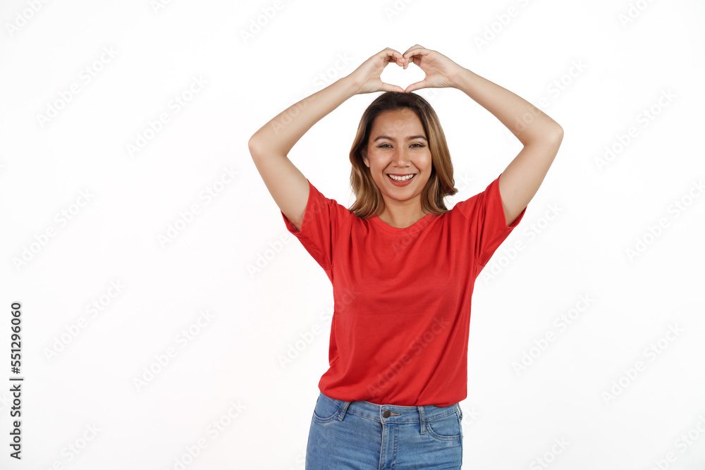 Studio shot of pretty Asian woman with red t-shirt isolated on white background. Heart shape Studio shot of pretty Asian woman with red t-shirt isolated on white background. Heart shape