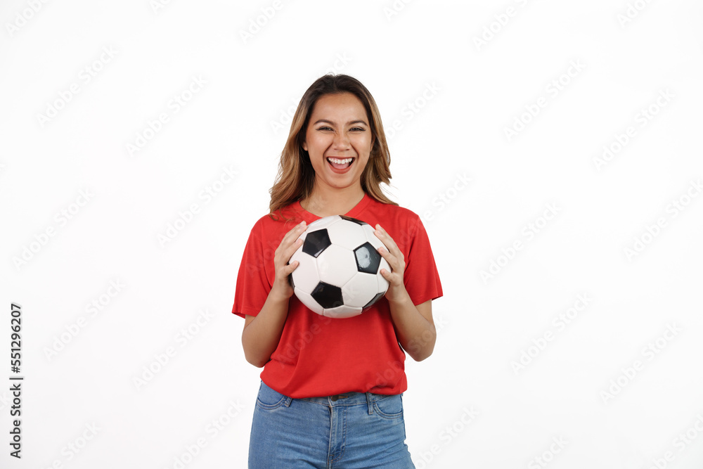 Studio shot of female asian soccer fans with red t-shirt isolated on white background. Sports fan isolated concept.