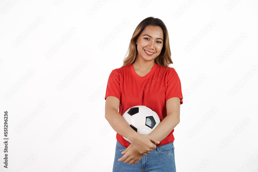 Studio shot of female asian soccer fans with red t-shirt isolated on white background. Sports fan isolated concept. Studio shot of female asian soccer fans with red t-shirt isolated on white background. Sports fan isolated concept.