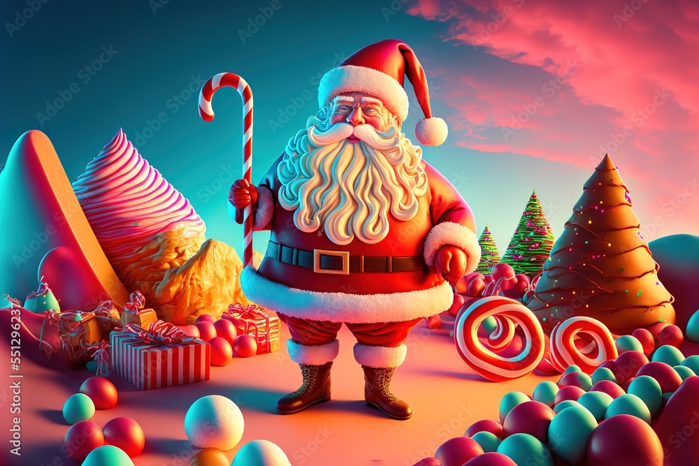 photo of Santa Claus, at the landscape of candy land, Sweet candy land. Cartoon game background. 3d vector illustration photo of Santa Claus, at the landscape of candy land, Sweet candy land. Cartoon game background. 3d vector illustration