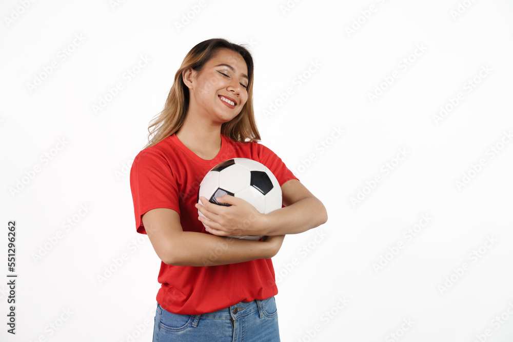 Studio shot of female asian soccer fans with red t-shirt isolated on white background. Sports fan isolated concept. Studio shot of female asian soccer fans with red t-shirt isolated on white background. Sports fan isolated concept.