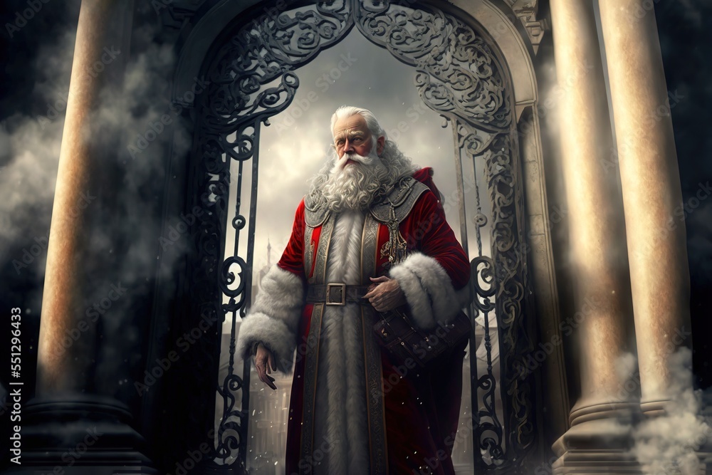 Naklejka premium photo of smartly dressed gentleman Santa Claus, at the gates of heaven, Painting Style