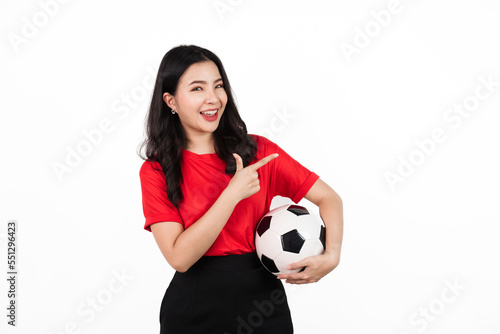 Fototapeta Naklejka Na Ścianę i Meble -  Female sports fan isolated, confident asian soccer fans wearing red t-shirt isolated on white background. holding football