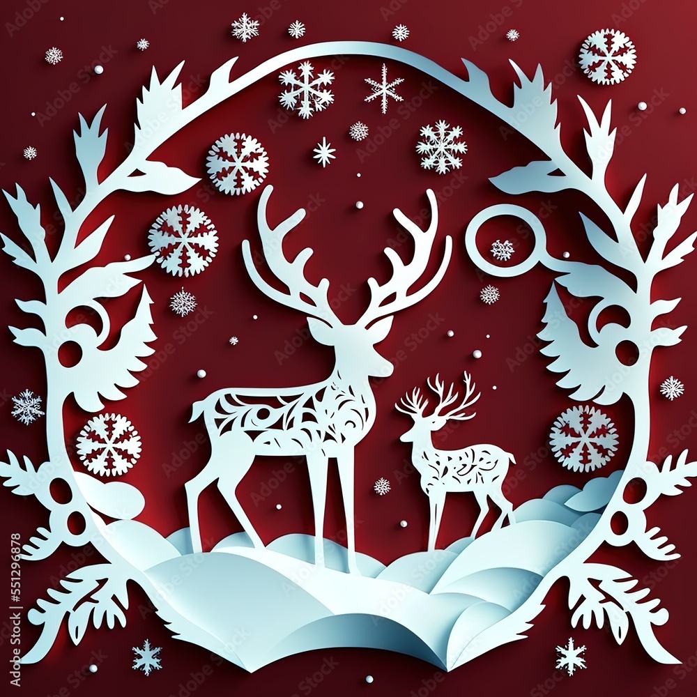 Reindeer papercut Christmas background with a ribbon Reindeer papercut Christmas background with a ribbon