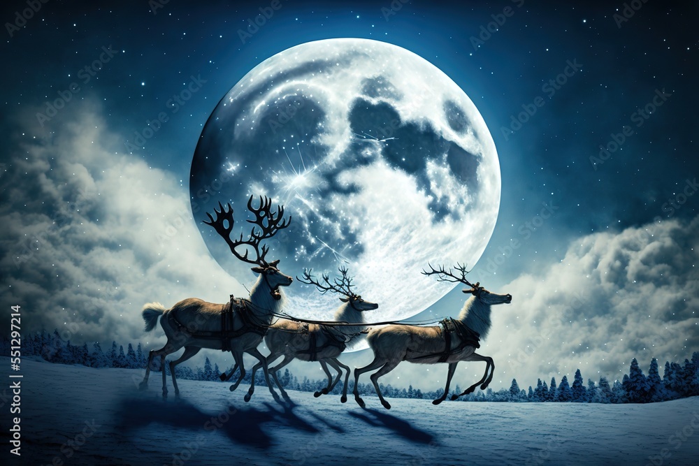 Santa Claus with sleigh and reindeer, Big moon in blue sky background Santa Claus with sleigh and reindeer, Big moon in blue sky background