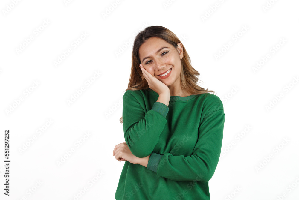 Attractive beautiful asian woman in green sweater isolated on white background. Looking camera Attractive beautiful asian woman in green sweater isolated on white background. Looking camera