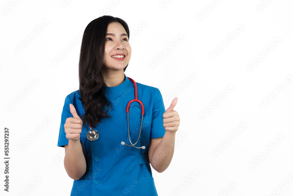 Thumb up, Medical nurse character woman hospital worker, Young confident Asian woman nurse hospital worker in blue clothing isolated on white background. Thumb up, Medical nurse character woman hospital worker, Young confident Asian woman nurse hospital worker in blue clothing isolated on white background.