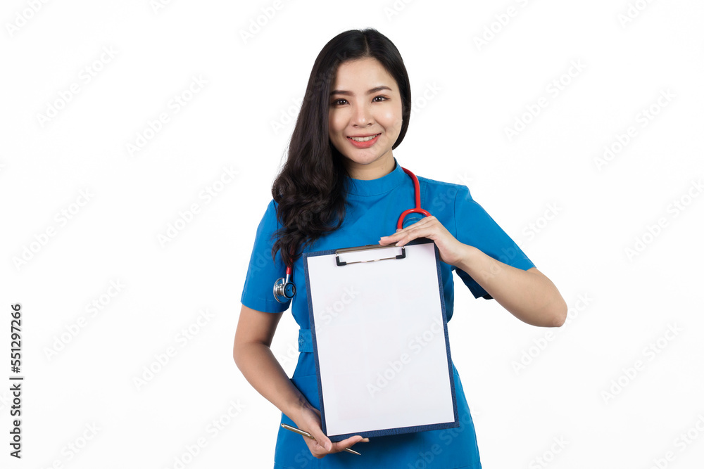 Holding clipboard, Medical nurse character woman hospital worker, Young confident Asian woman nurse hospital worker in blue clothing isolated on white background. Holding clipboard, Medical nurse character woman hospital worker, Young confident Asian woman nurse hospital worker in blue clothing isolated on white background.