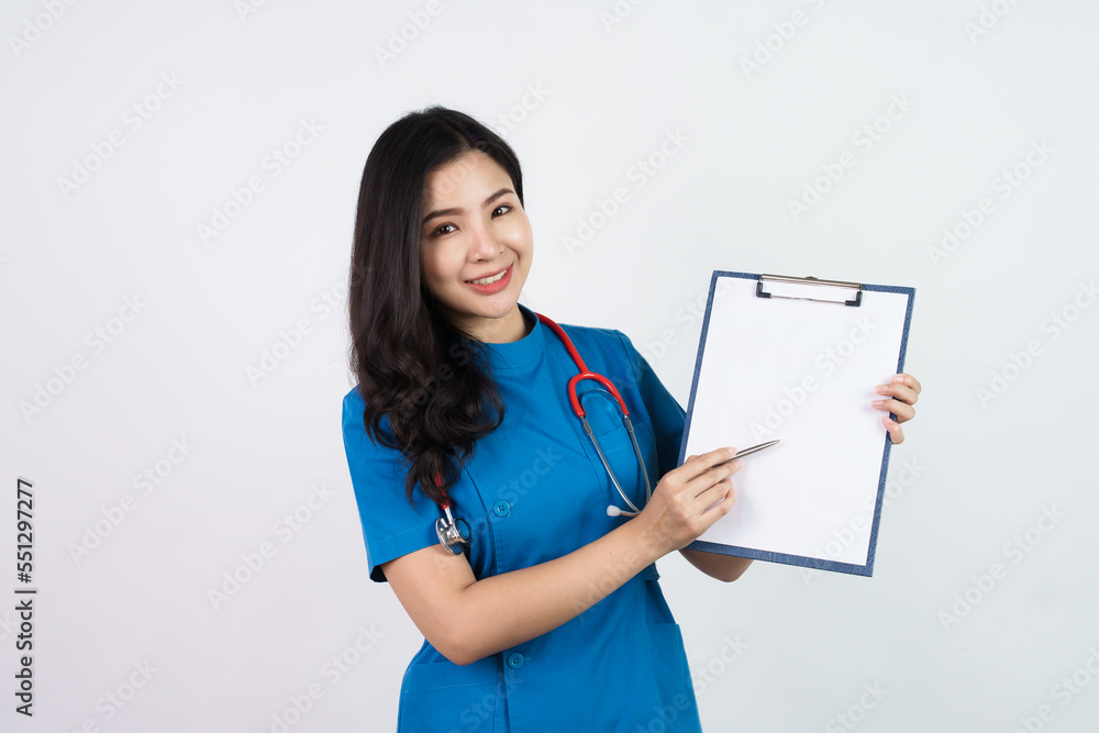 Holding clipboard, Medical nurse character woman hospital worker, Young confident Asian woman nurse hospital worker in blue clothing isolated on white background. Holding clipboard, Medical nurse character woman hospital worker, Young confident Asian woman nurse hospital worker in blue clothing isolated on white background.