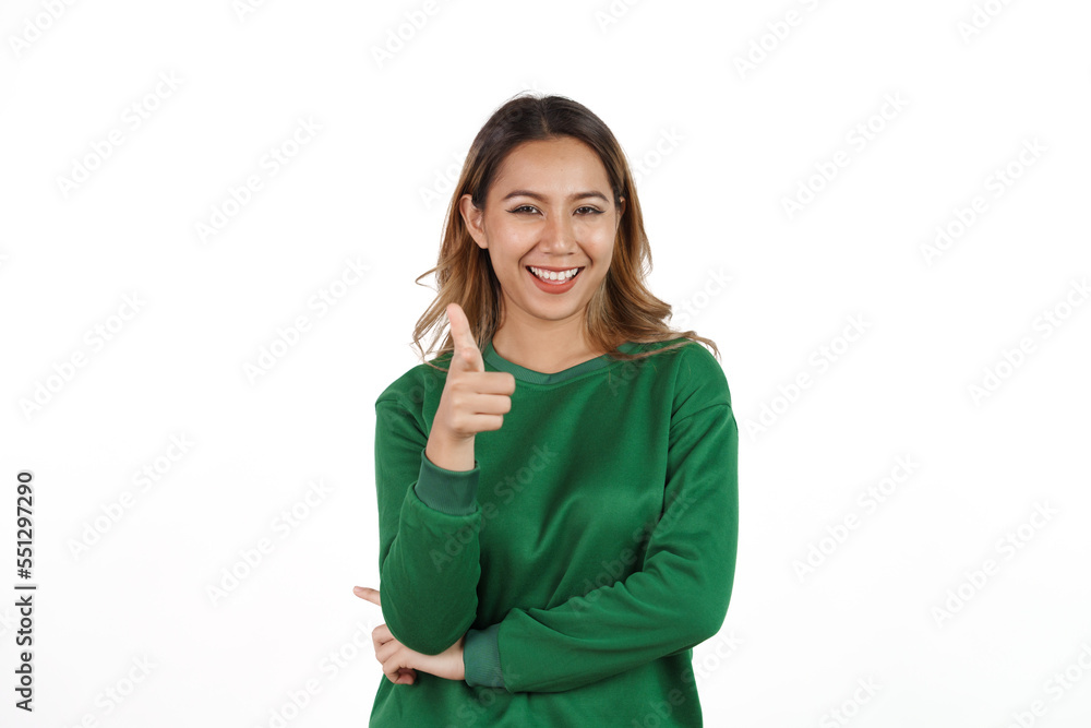 Attractive beautiful asian woman in green sweater isolated on white background. Attractive beautiful asian woman in green sweater isolated on white background.
