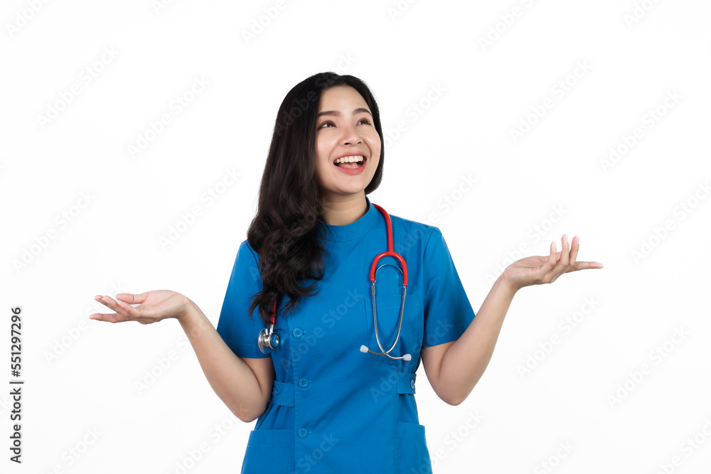 Hands palm up, Medical nurse character woman hospital worker, Young confident Asian woman nurse hospital worker in blue clothing isolated on white background. Hands palm up, Medical nurse character woman hospital worker, Young confident Asian woman nurse hospital worker in blue clothing isolated on white background.