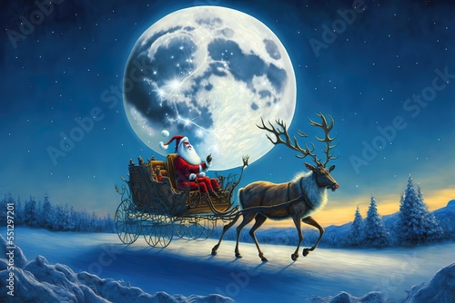 Santa Claus with sleigh and reindeer, Big moon in blue sky background
