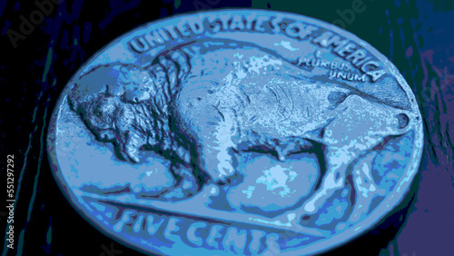 US nickel. Coin 5 cents close-up. Blue tinted pasteurization illustration with American bison. Buffalo nickel. News about USA economy and money. FED rate and bank interest. Five-cent coin. Macro photo