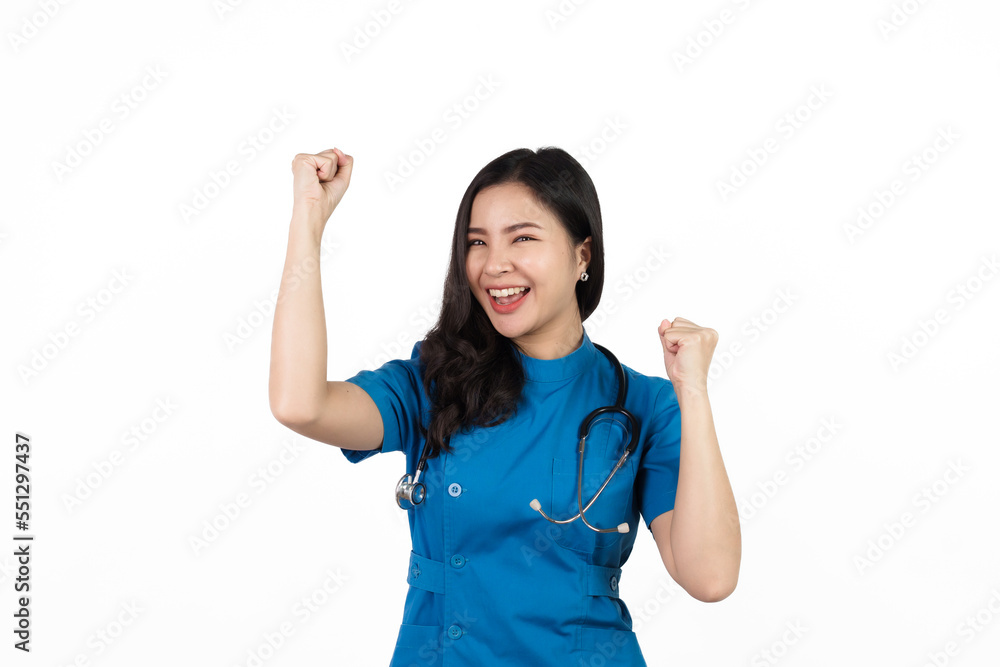 Happy, lucky, Medical nurse character woman hospital worker, Young confident Asian woman nurse hospital worker in blue clothing isolated on white background. Happy, lucky, Medical nurse character woman hospital worker, Young confident Asian woman nurse hospital worker in blue clothing isolated on white background.