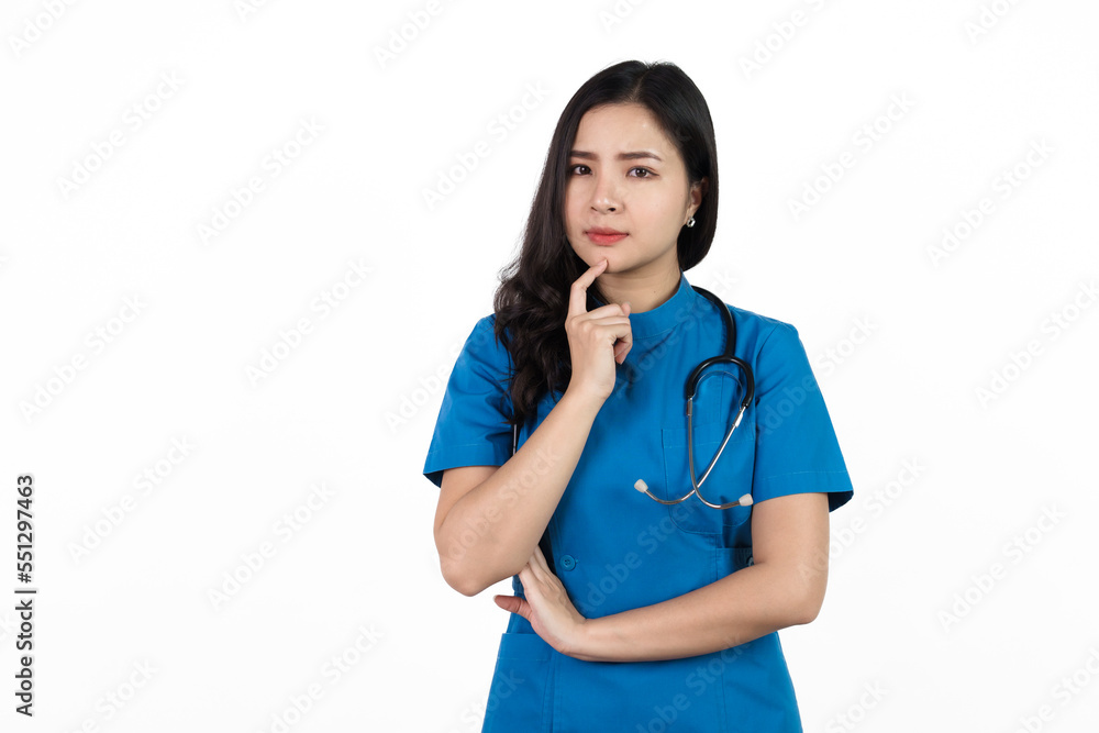Bad luck, Medical nurse character woman hospital worker, Young confident Asian woman nurse hospital worker in blue clothing isolated on white background. Bad luck, Medical nurse character woman hospital worker, Young confident Asian woman nurse hospital worker in blue clothing isolated on white background.
