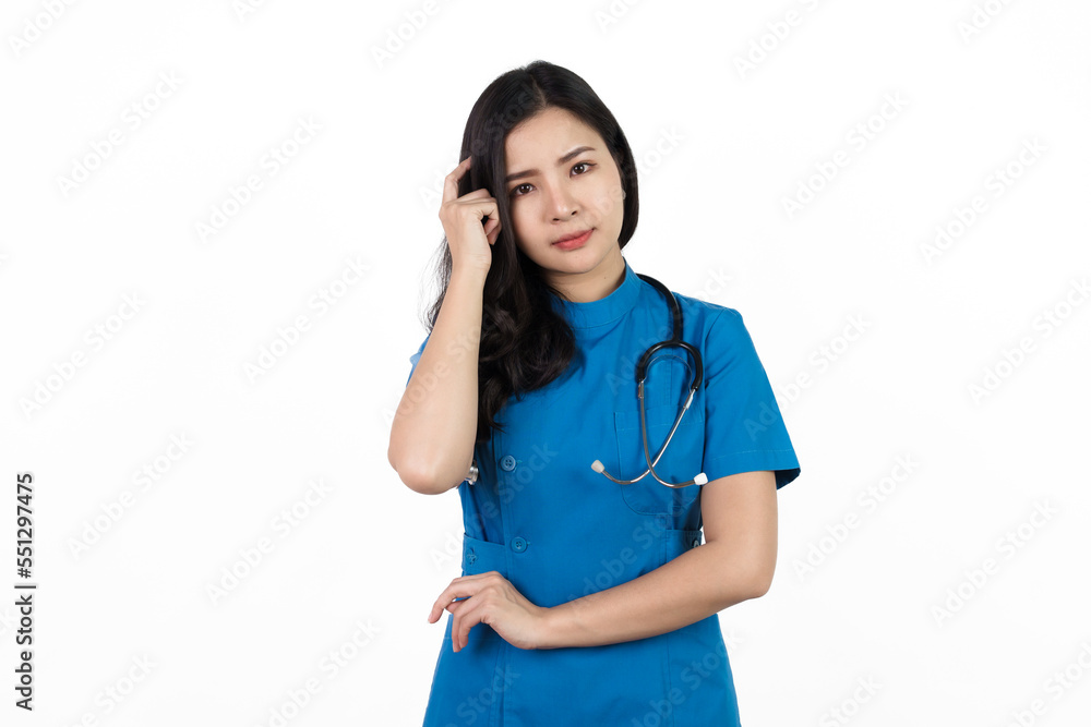 Bad luck, Medical nurse character woman hospital worker, Young confident Asian woman nurse hospital worker in blue clothing isolated on white background. Bad luck, Medical nurse character woman hospital worker, Young confident Asian woman nurse hospital worker in blue clothing isolated on white background.