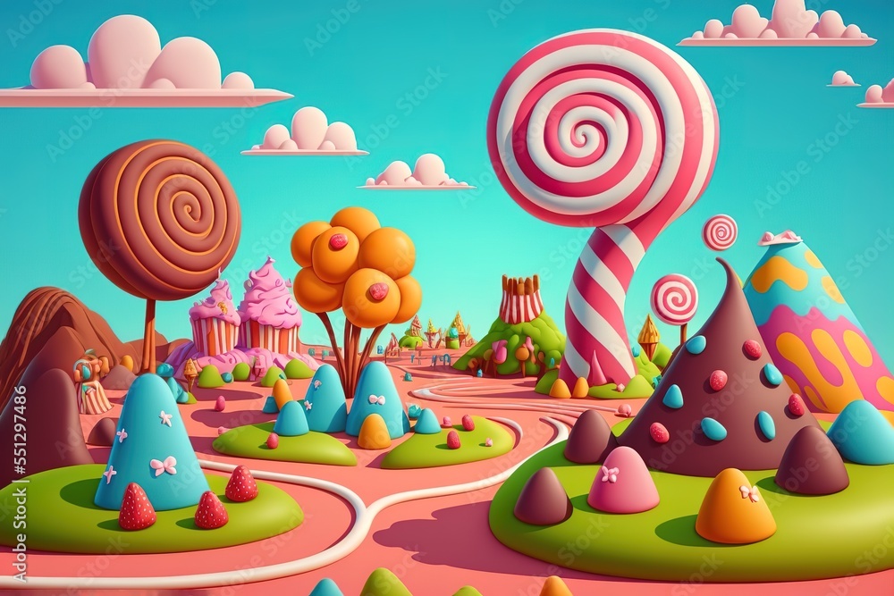 Sweet candy land. Cartoon game background. 3d vector illustration
