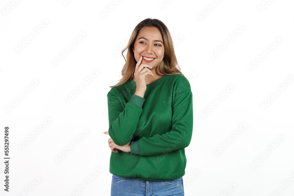 Attractive beautiful asian woman in green sweater isolated on white background. Attractive beautiful asian woman in green sweater isolated on white background.